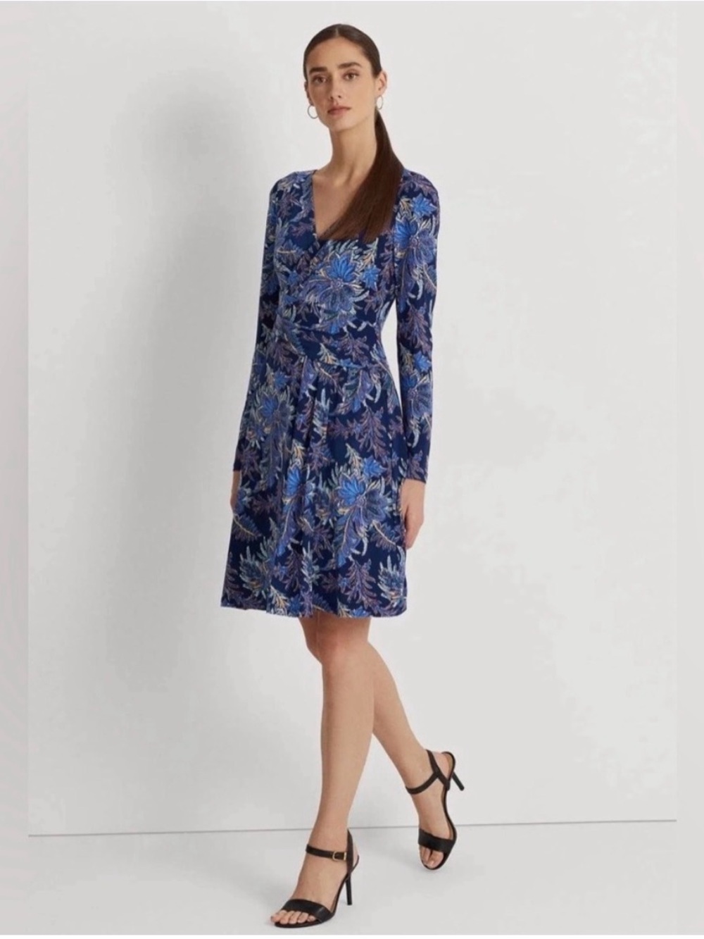 Lauren Ralph Lauren New Navy Floral Long-Sleeve Faux Wrap Dress | 10 - Picture 3 of 11